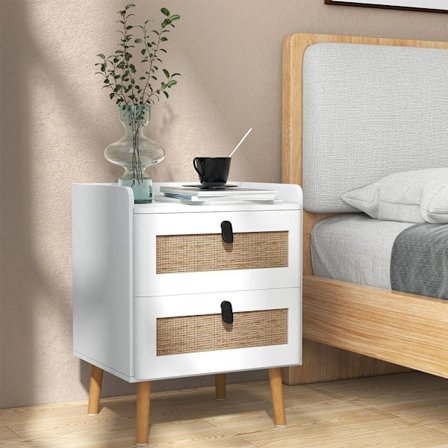 Yöpöytä 2 laatikolla - Valkoinen/Rottinki