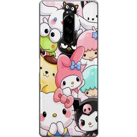 Kompatibelt Mobildeksel til Sony Xperia 1 Tett mønster av søte figurer med store øyne i ulike farger og uttrykk med LABUBU-tekst