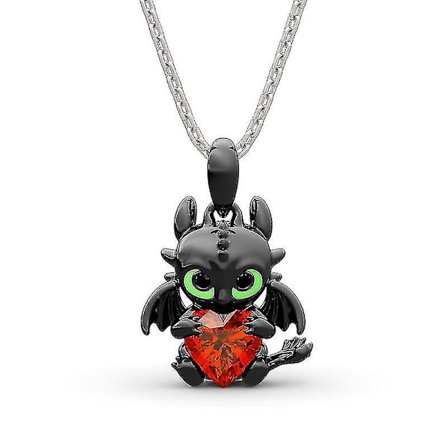 Tegneserie Hjerteformet Rød Sten Sort Dragen Halskæde
