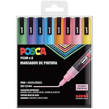Målarstift - UNI Posca - PC 3M Sparkling - Set om 8 - Fin spets - 8 glittriga färger