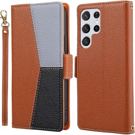 Splice läder plånboksfodral kompatibel med Samsung Galaxy S23 Ultra, mjukt Tpu-stötfångarskydd med handrep Brown For Galaxy S23 Ultra