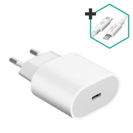 USB-C lysnetoplader og lynkabel Hurtig opladning Strømforsyning 20W Sort Vit