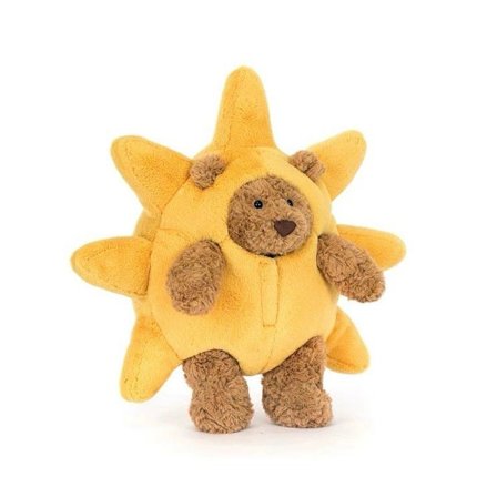 Jellycat Bartholomew -nalle, pukeutunut aurinkoaiheiseen asuun.