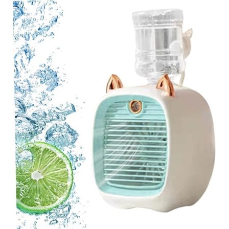 3-i-1 Mini Luftkøler Ventilator – Luftkøler med Forstøver og Natlys, 3 Hastigheder – Luftfugter og LED-lys – Blå