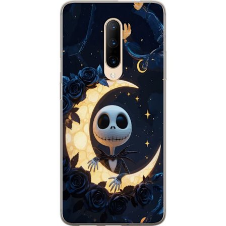 Yhteensopiva Puhelinkuori OnePlus 7 Pro Kuunsäden luurankomotiivi, jossa luuranko istuu loistavan kuun keskellä tähtiä ja tummia ruusuja