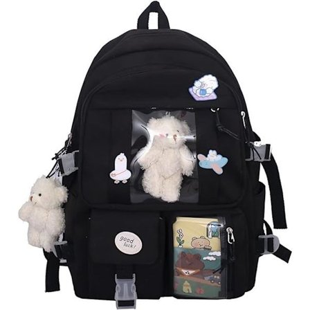 Kawaii skoletaske til piger, sød æstetisk rygsæk, skoletaske med nål og tilbehør, sort