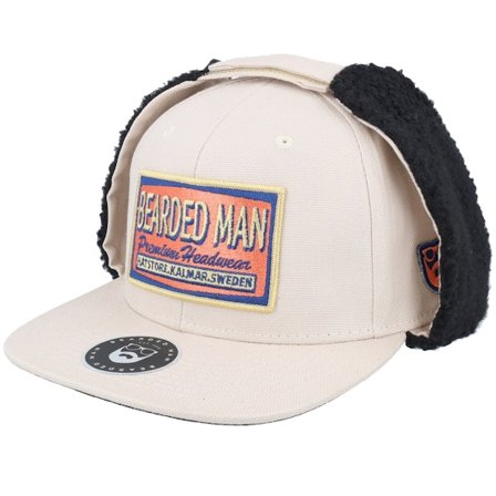 Bearded Man - Beige earflap Czapka Z Daszkiem - Logo Patch Red/Blue Canvas Beige/Black Earflap @ Hatstore