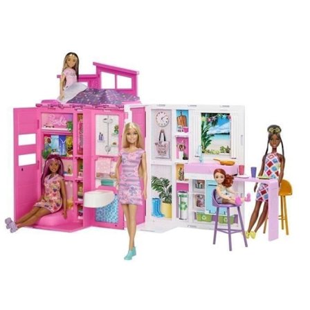 Barbie-Semesterhus-Låda och docka, 4 zoner och 11 tillbehör HRJ77