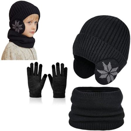 Barnehansker, Barnelue, Skjerf- og hanskesett, 3-i-1 strikket vinterlue, skjerf og hansker, med dusk, bremløs lue, halsvarmer og hansker, 16*18cm)