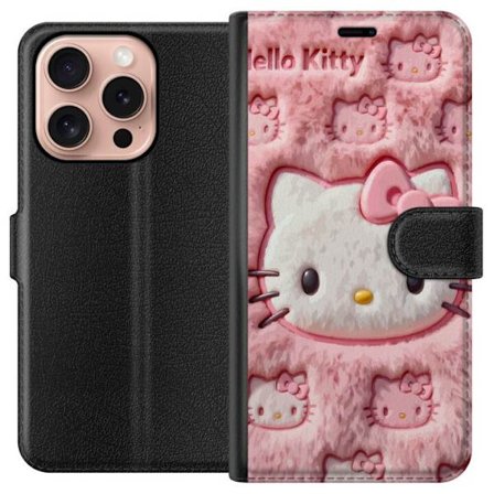 Kompatibelt Lommeboketui til Apple iPhone 16 Pro Hello Kitty rosa fluffy bakgrunn med ikoniskt ansikt og kawaii-estetikk