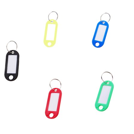50 avaimenperää tag-klipsillä (punainen, keltainen, sininen, vihreä, musta)