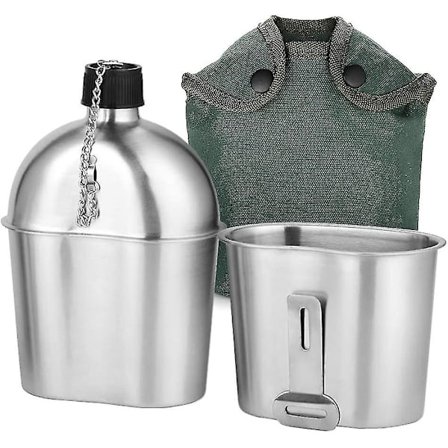 Militært kantine sett 2 stk 1000 ml 600 ml rustfritt stål militær kantine kopp sett med dekselpose for utendørs camping fotturer backpacking