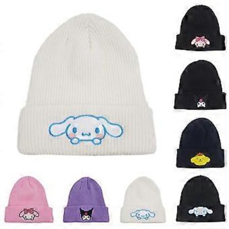 Kawaii Anime Tegneserie Melody Kuromi Cinnamoroll Beanie Hat Mænd Kvinder Broderet Vintervarmer Skull Ski Strikket Slouchy Cap (Cinnamoroll Hvid)