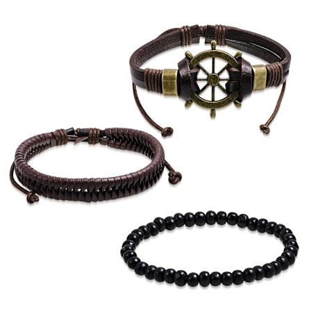 3 st Bohemian Chic Armband - Läder, Rep, Pärlor i Olika Färger samt Skeppsratt / Ratt