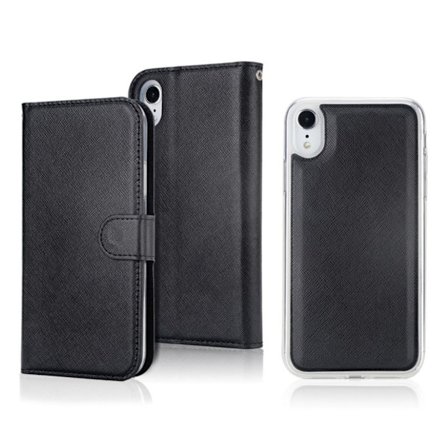 iPhone Xr beskyttelses deksel av syntetisk skinn med kryss tekstur med 2 i 1 design - svart