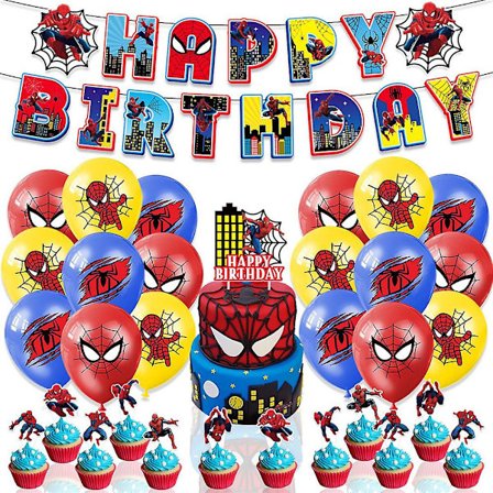 Spiderman-tema födelsedagsfest dekorationer ballonger tillbehör banderoll ballonger tårta cupcake toppers set