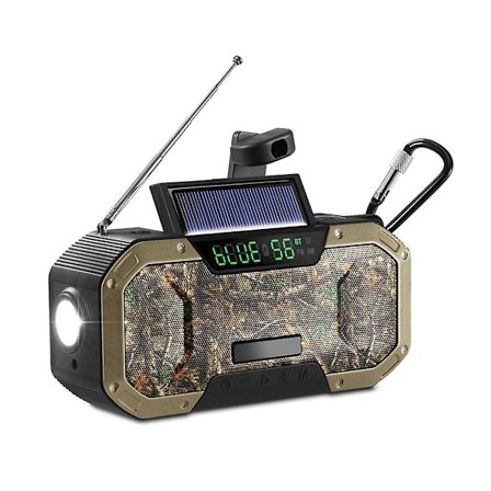 IPX5-monitoiminen hätäradio käsikammella, aurinkokäyttöinen, kannettava AM/FM/NOAA-sääradio LED-taskulampulla, SOS-matkapuhelimen laturi (maastokuvio)