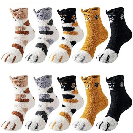 ING 10 par kattepotesokker - Varme vintersokker til kvinder - Søde dyresokker - Tykke og varme - Koralfleece