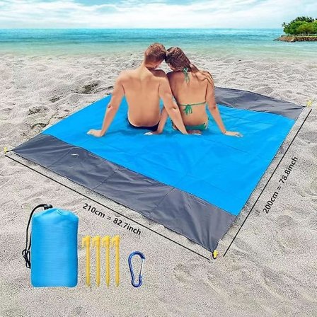 DWW-(Blå) Strandtæppe Picnic Tæppe 200x210cm Ultralet Strandtæppe Vandtæt Udendørs Strandmåtte til Strand, Camping,