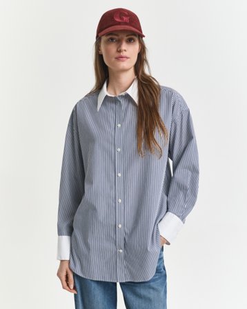 GANT Damen Oversized Bluse mit Kontrastkragen und Streifen (44) Blau