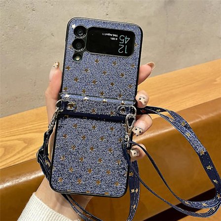 Samsung Galaxy Z Flip 4 Fodral för Kvinnor med Rem Glitter Stjärnor Crossbody Repskyddande Skyddande Skal Blå