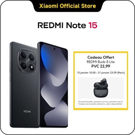 REDMI Note 15 Musta 8 GO + 256 GO 6 000mAh pitkäkestoinen akku