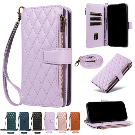 iPhone 16:n violetti suojakotelo lyhyell kaulanauhalla, nahkaa, monitoiminen korttipaikallinen l pp