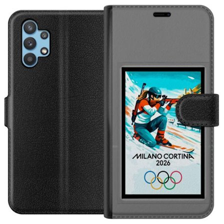 Yhteensopiva Lompakkokotelo Samsung Galaxy A32 5G Retrojuliste Cortina Milano 2026 vuorilla, talviurheilijoilla, italiankoloreilla, Milanon tuomiokirk