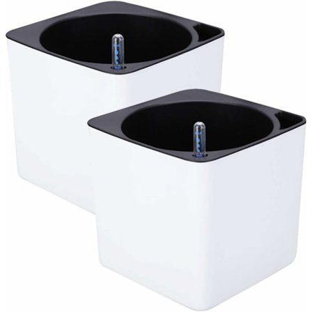 Selvvandende urtepotter med vandingssystem, blomsterpotter til udendørs brug (2 hvide med vandstandsstifter, små)