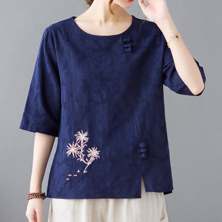 Broderi T-shirt För Kvinnor Med Rund Hals T-shirt