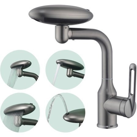 Badeværelsesarmatur til håndvask, enkelt hul, multifunktionelt armatur til håndvask, gunmetal grå med 4 vandtilstande, moderne 360° drejelig 