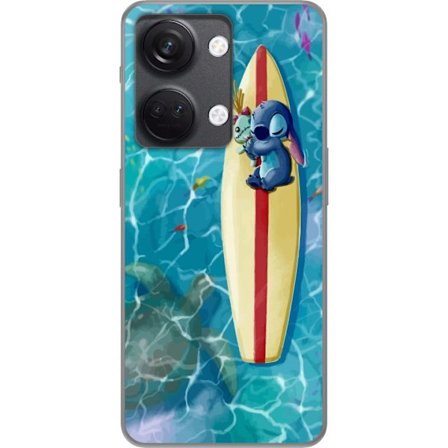 Kompatibel Mobilcover til OnePlus Nord 3 Afslappende illustration af Stitch der hviler på et surfbræt i klart turkisfarvet vand