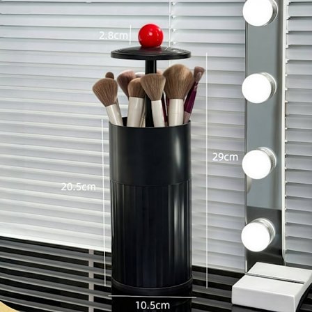 Makeup-opbevaringsboks med støvtæt automatisk løftebørsteholder og låg, til makeup-tasker og læbestiftetui (Sort)