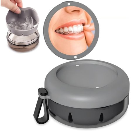 ING Tannskinnebeholder - 95*95*50mm - med speil - Tannreguleringbeholder - Tannreguleringsetui - Tannetui - med netting og speil - Slitesterk og 