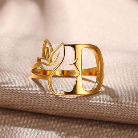 Rostfritt stål Guldfärg Blombokstäver Ringar för kvinnor Alfabetsmycken Pretty Girl Initialer Justerbara Ringar Festpresenter