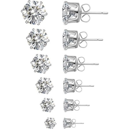 6 Par Ørestikker Sæt, 316L Rustfrit Stål Klare Cubic Zirconia Ørestikker til Kvinder Mænd 3-8mm