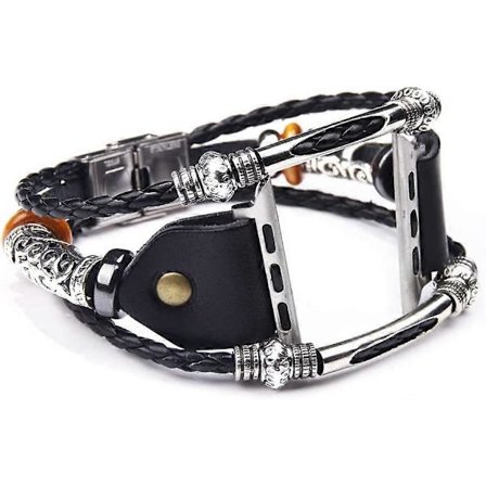 Kompatibel med Boho Fancy Apple Watch Band - Flerskikts Läderarmband Vintage för Apple Watch Series 5/4/3 (3 Remmar Svart, 38mm/40mm)