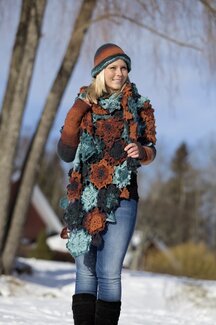 Sjal med blommor, mössa och armvärmare Stella