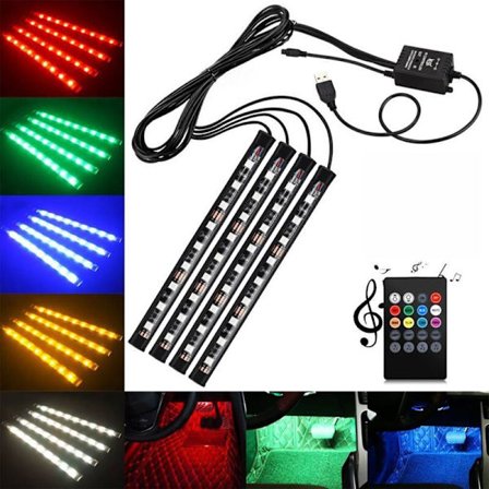 4x DC12V 9 LED RGB Bil Interiör Atmosfär Fotbrunn Strip USB Laddare