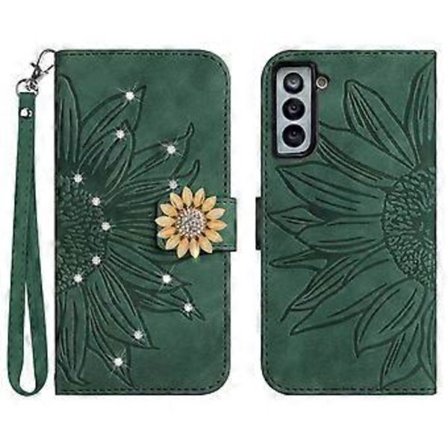Kompatibel med Samsung Galaxy S21 Præget solsikke med diamanter Magnetisk kortholder pung telefoncover med kort rem - Grøn