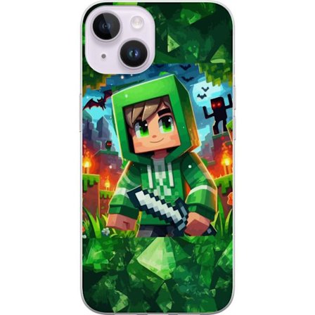 Kompatibel Mobilcover til Apple Apple iPhone 15 Minecraft gamer dreng grøn hættetrøje pixel eventyr dreng sværd Minecraft kunst design