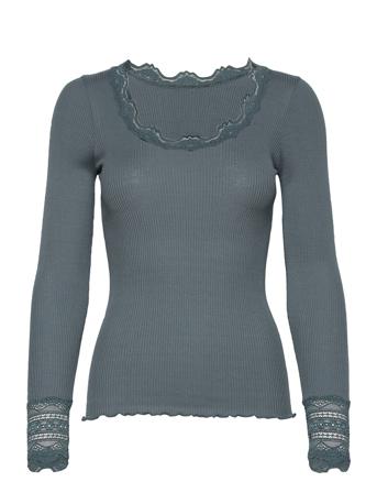 Silk T-Shirt W/ Lace T-shirts & Tops Long-sleeved Grå Rosemunde
