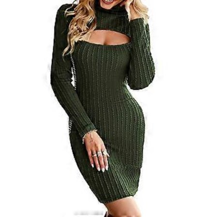 Dame Langærmet Strikkjole Ensfarvet Høj Hals Udskåret Kjole Bodycon Ribstrikket Kort Kjole