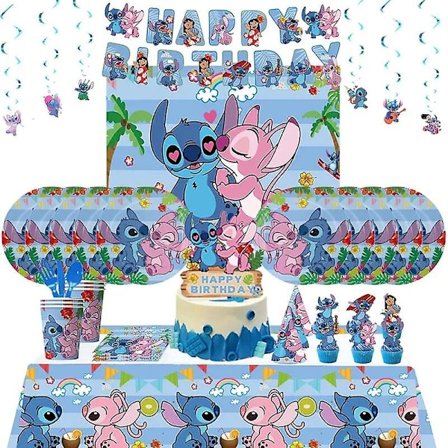 Blå Stitch bursdagsfestdekorasjoner Tegneserie Lilo og Stitch tema servise sett Kopper tallerkener Ballong Barn bursdagsfestutstyr (FMY)
