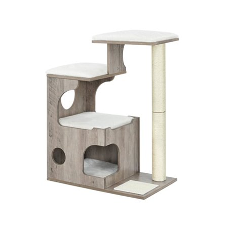 FEANDREA Kattekradsestolpe - Kattetårn - Kitty Condo - Hyggelig hule - Sisal-indpakket bagagerum - Plyspuder - Kradsemåtte - Greige White - MDF - 66cm