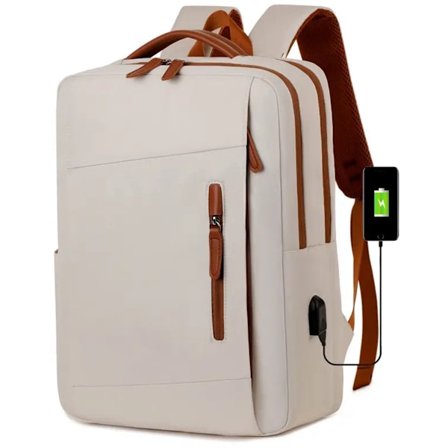 Laptopryggsäck, 15,6 tum, vattentät, med USB-laddningsport, ergonomisk design – Unisex, Beige