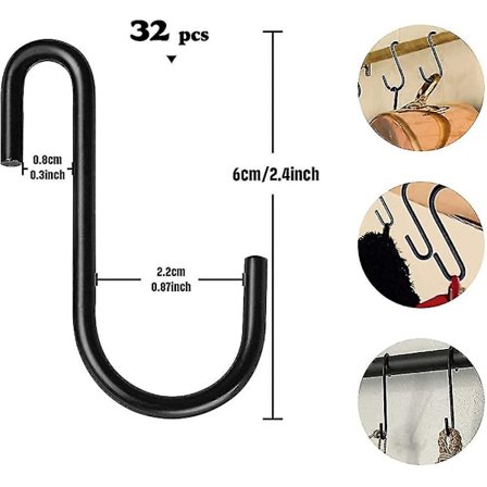 20 st S-krokar i kraftig metall, svarta S-formade krokar för att hänga kläder
