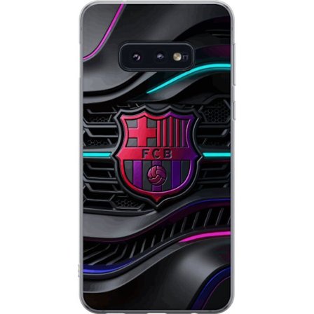 Yhteensopiva Puhelinkuori Samsung Galaxy S10e Tulevaisuuden FC Barcelonan tunnus neonväreissä tummalla teknisellä taustalla, jossa metalliset muodot j