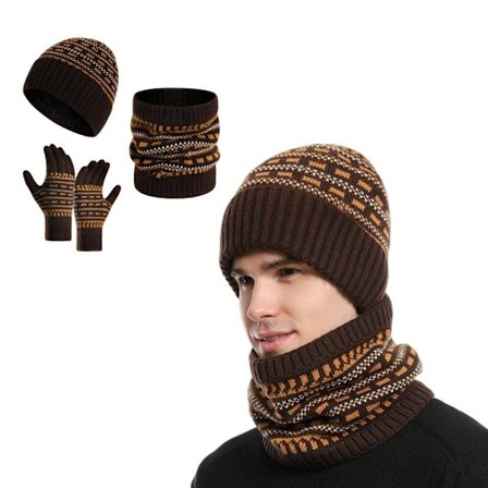 Vinterhanskesett med berøringsskjerm, stretchstrikket fleeceforet lue- og skjerfkombo, termisk 3-delt gavesett for menn og tenåringer B