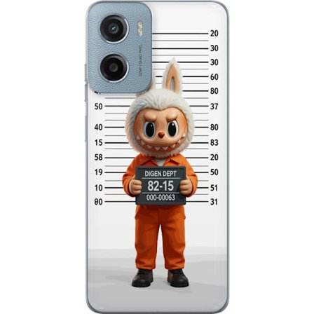 Kompatibel Mobilcover til Motorola Motorola Moto E15 Sød tegnet kaninfigur i fængselsklæder med fangenummer mod baggrund med længdemåling